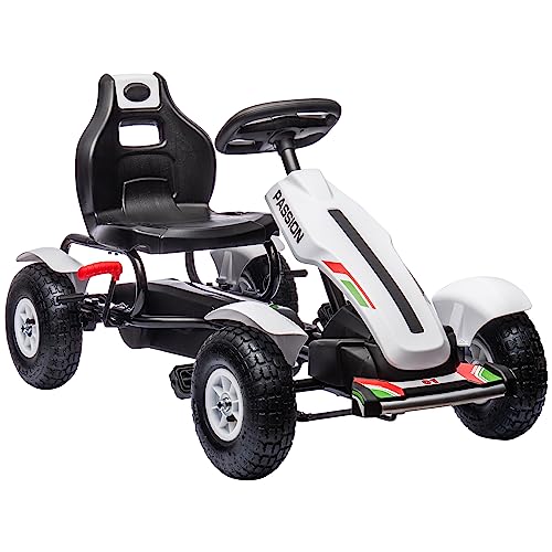 HOMCOM Kinder Pedal Go Kart, Kinder Fahrt auf Racer mit verstellbarem Sitz, aufblasbare Gummireifen, Handbremse, für Kinder von 5-12 Jahren - Weiß von HOMCOM