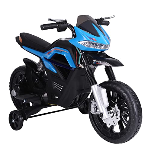 HOMCOM Kindermotorrad Kinder-Elektromotorrad Elektro-Motorrad für Kinder 3-6 Jahren Licht Musik MP3 Elektrofahrzeug mit Stützrädern maximal 3 km/h Metall + Kunststoff Blau 105 x 52,3 x 62,3 cm von HOMCOM