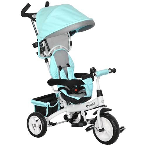 HOMCOM Mitwachsendes Babydreirad 6 in 1 Babyfahrrad Kinderwagen mit Schiebegriff, abnehmbarem Vordach, 5-Punkt-Sicherheitsgurt, Aufbewahrung, Fußstütze, Bremse, für Kinder von 1 bis 5 Jahren, grün von HOMCOM