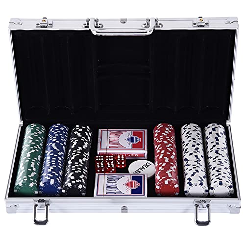 HOMCOM Pokerkoffer Pokerset 300 Pokerchips 2 x Kartenspiel 5 x Würfel 1 x Alukoffer 5 Farben 38 x 20,5 x 6,5 cm 11,5 g/Chip aus Kunststoff von HOMCOM