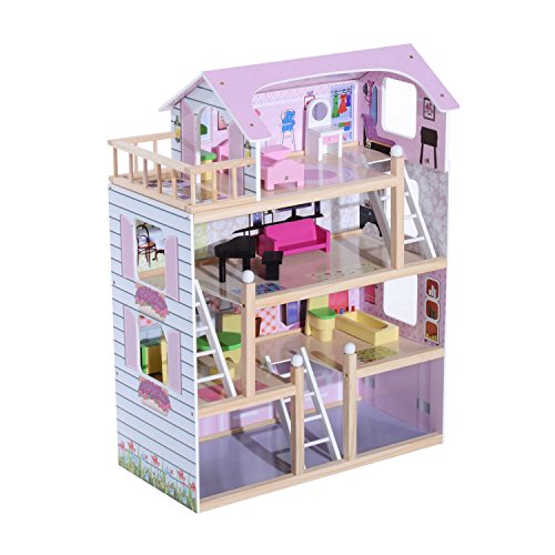 HOMCOM Puppenhaus aus Holz Puppenvilla für Kinder ab 3 Jahren Puppenstube Dollhouse 4 Etagen mit Möbel und Zubehör Spielzeug 60 x 30 x 80 cm von HOMCOM