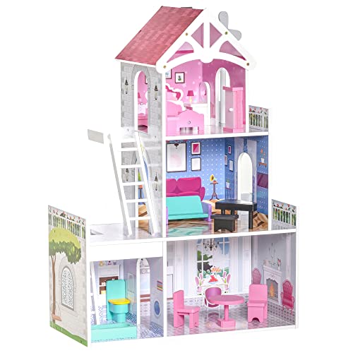 HOMCOM Puppenhaus aus Holz mit Möbeln Zubehör Puppenstube Puppenvilla 3 Etagen Dollhouse Große Spielset für Kinder ab 3 Jahren Rosa 60 x 29 x 85 cm von HOMCOM