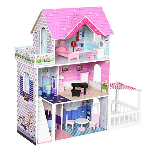 HOMCOM Puppenvilla Mädchen Spielzeug Kinder Puppenhaus aus Holz Puppenstube Dollhouse 3 Etagen mit Möbel und Zubehör 86 x 30 x 87 cm von HOMCOM