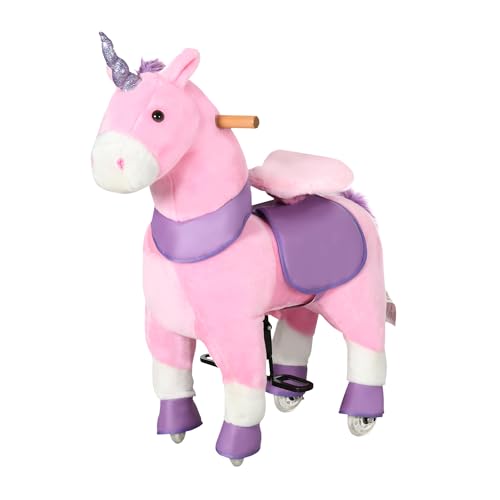 HOMCOM Reitpferd, Standpferd mit 2 Pedalen, Einhorn Stehpferd auf Rollen, Schaukelpferd für Mädchen ab 3 Jahren, 70 x 32 x 87 cm, Lila+Rosa von HOMCOM