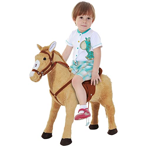 HOMCOM Plüsch Reitpferd für Kinder, Stehpferd mit Sound, Spielpferd für drinnen und draußen, 85 x 28 x 60 cm, Beige von HOMCOM