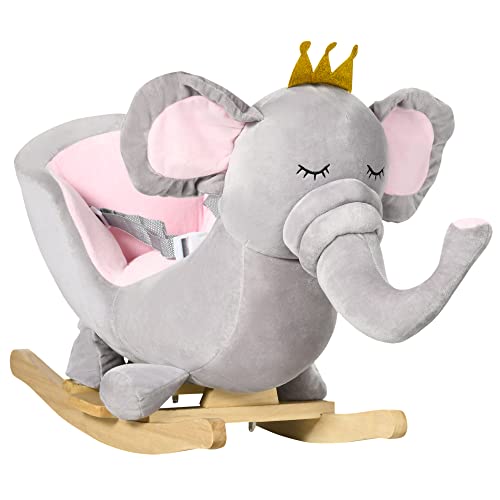 HOMCOM Schaukelpferd, Elefant Schaukeltier, Kinder Schaukelspielzeug mit Musikfunktion, für Kinder ab 18 Monaten, Pappelholz, Grau+Rosa, 60 x 33 x 45 cm von HOMCOM