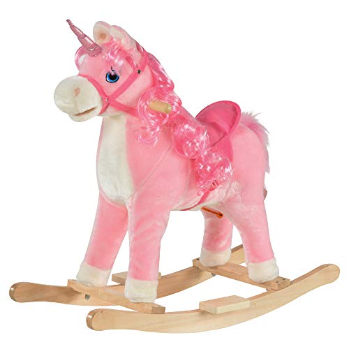 HOMCOM Schaukelpferd Modell Einhorn mit authentischen Klängen Sattel Großer Komfort Pappelholz Rosa ABM. L74 x B33 x 62H cm von HOMCOM