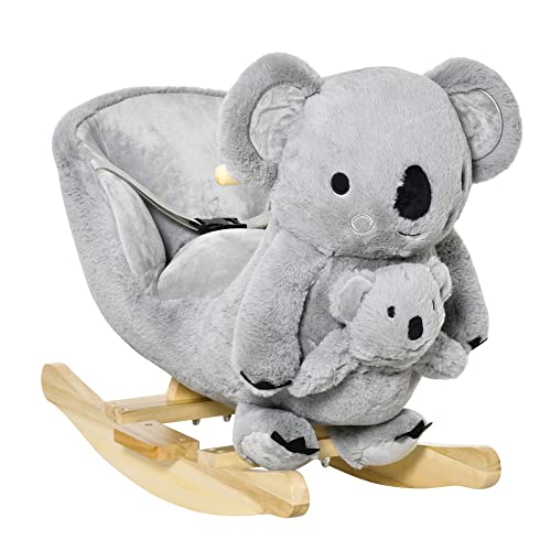 HOMCOM Schaukelspielzeug Koala mit Handpuppe - Soundeffekt Brüllen - Integrierter Sessel, Sicherheitsgurt - Pappelholz Plüsch Kurz Polyester Grau von HOMCOM