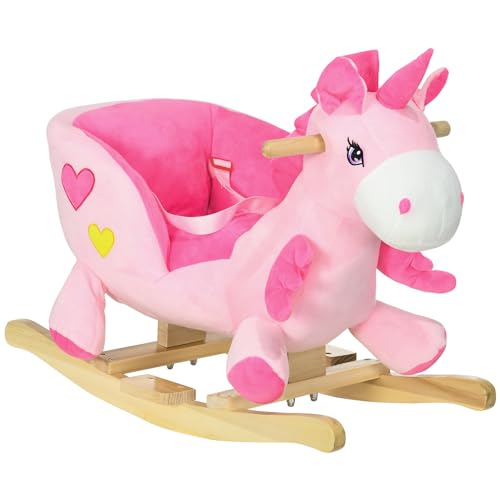 HOMCOM Schaukeltier Einhorn, Kinderschaukelstuhl mit Musik, Beckengurt, Fußstütze, Baby Schaukelstuhl aus Flanell für Kinder 1,5 bis 3 Jahre, Holz, Rosa von HOMCOM