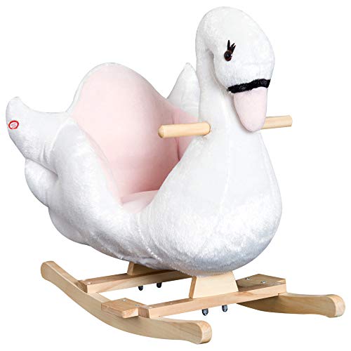 HOMCOM Schaukeltier Schaukelpferd mit Musik, Holzbeine, Schwan-Rocker für Mädchen, Schaukelspielzeug für 1,5 Jahre+ Kleinkinder Rosa+Weiß 60 x 32 x 55 cm von HOMCOM