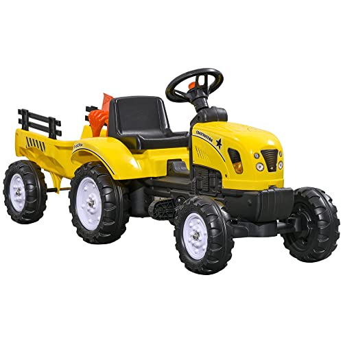 HOMCOM Trettraktor mit Anhänger Tretauto Traktor Kindertrettraktor Spielfahrzeug für Kinder ab 3 Jahren für Outdoor, Garten, Metall Gelb 133 x 42 x 51 cm von HOMCOM