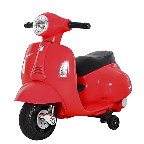 HOMCOM Vespa Elektromotorrad Kindermotorrad Elektrofahrzeug 18-36 Monate 3 km/h LED-Licht Sound Kunststoff-Kunststoff Metall Rot 66,5 x 38 x 52 cm von HOMCOM