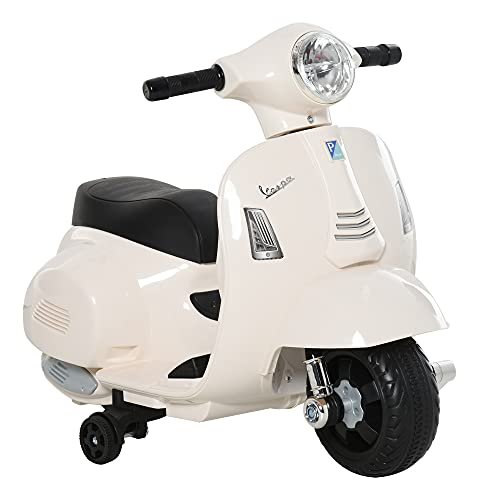 HOMCOM Vespa Elektromotorrad Kindermotorrad Elektrofahrzeug 18-36 Monate 3 km/h LED-Licht Sound Kunststoff-Kunststoff Metall Weiß 66,5 x 38 x 52 cm von HOMCOM