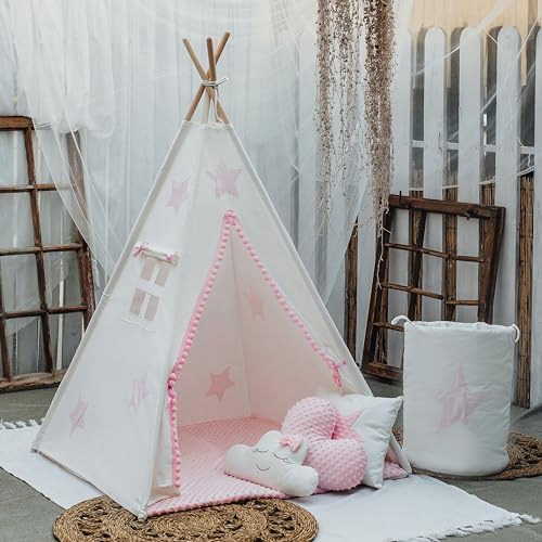 HOMECHIC Kinder Spielzelt Creme/Rosa Stern + Spielwarenkorb + 3 Kissen + doppelseitig Bodenmatte 3Kissen 110x110x150cm Tipi Teepee Stabilisator von HOME CHIC