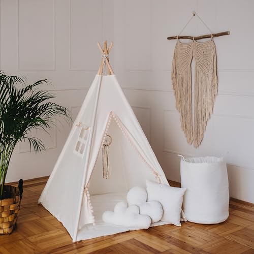 HOMECHIC Kinder Tipi Teepee Spielzelt Wigwam Baumwolle Weiß Creme Boho Pompons Bodenmatte 3 Kissen 110x110x150cm Spielzeugkorb Traumfänger Premium von HOME CHIC