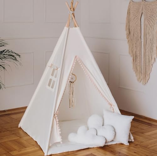 HOMECHIC Kinder Tipi Teepee Spielzelt Wigwam Baumwolle Weiß Creme Boho Pompons Bodenmatte 3 Kissen 110x110x150cm Traumfänger Premium von HOME CHIC