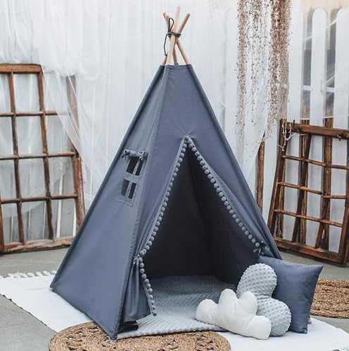 HOMECHIC Kinder Tipi Teepee Spielzelt Wigwam Grau Boho Pompons Bodenmatte 3 Kissen 110x110x150cm Traumfänger Premium von HOME CHIC