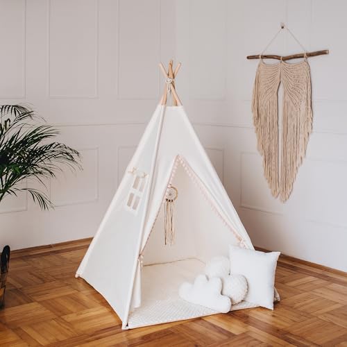 HOMECHIC Kinder Tipi Teepee Spielzelt Wigwam Weiß Creme Boho Pompons Bodenmatte 3 Kissen 110x110x150cm Traumfänger Premium von HOME CHIC