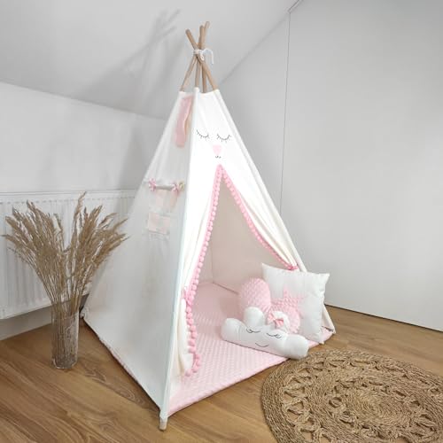 HOMECHIC Tipi Teepee Kinder Spielzelt Wigwam Creme/Rosa Premium aus Baumwolle Minky mit doppelseitige Bodenmatte 3 Kissen 110x110x150 cm von HOME CHIC