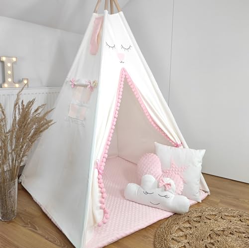 HOMECHIC Teepee Tipi Tent Wigwam for Children Cream/pink Premium with Double Sided Cotton and Minky mat 3 Cushions 110x110x150 cm von HOME CHIC