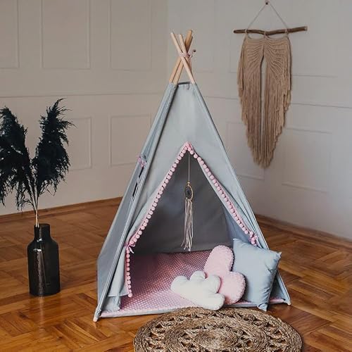 HOMECHIC Kinder Spielzelt Wigwam Lichtgrau/Rosa Pompons Bodenmatte 3 Kissen 110x110x150cm Tipi Teepee Premium Stabilisator von HOME CHIC