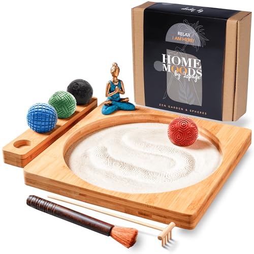 HOME MOODS Zen-Garten für Schreibtisch – Sandtablett Therapie-Set – Zen Büro Dekor & Meditation – Exklusives Mini-Zen-Garten-Set – natürlicher Zen-Gartensand – Spinnsandgarten – das richtige von HOME MOODS