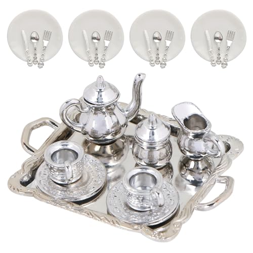 24 Stück 1:12 Miniatur Tee Set Metall Mini Teekanne Winzige Teetasse Mini Puppe Teller Messer Gabel Löffel Miniatur Puppenhaus Zubehör für Puppenhaus von HOMICO