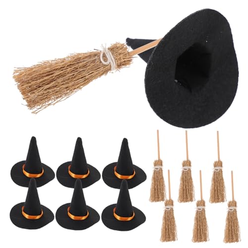 HOMOCONO 14 Teiliges Set Miniatur Witch Hats Und Besen Perfekte Halloween Dekoration Für Getränke Tisch Und Partydeko Kleine Hexenhüte Für Kreative Bastelideen von HOMOCONO