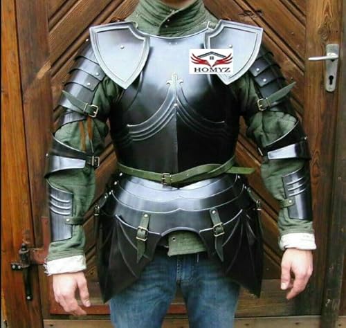 HOMYZ Armor Full Suit Of Armor, Mittelalterlicher Ritter, geschwärzter Stahl, Gothic-Rüstung, tragbarer Kürass-Rüstungsanzug, 18 Ga Steel Knight Body Armor Larp Kostüm von HOMYZ