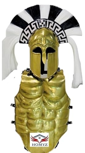 HOMYZ Armor Muskeljacke, SCA LARP, Körperpanzer, Cosplay-Kostüm, mittelalterlich, griechisch, korinthischer Helm, tragbares Halloween-Kostüm, Messing-Finish mit Feder von HOMYZ