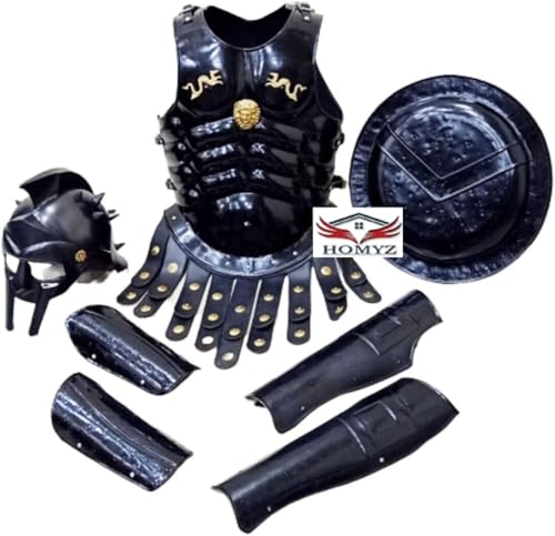 HOMYZ Maximus Gladiatorenhelm, mittelalterliche Römermuskeljacke mit Arm- und Beinschutz + Schildpanzer 300 Spartaner-Kostüm, schwarz poliert von HOMYZ