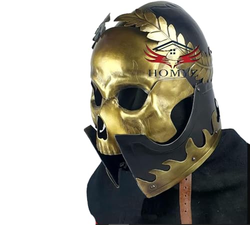 HOMYZ Mittelalter Helm Totenkopf Messing Antik mit Lorbeerkranz Helm - für Vollplatte - Larp Mittelalter Cosplay Halloween Kostüm Theater - Unikat Helm von HOMYZ