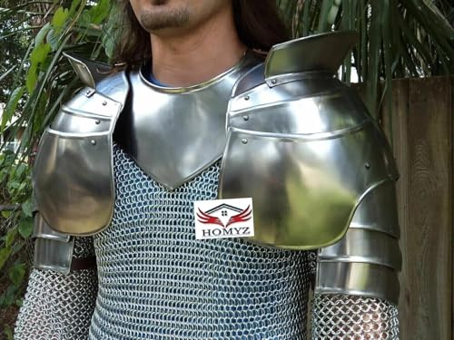 HOMYZ Mittelalterliche Stahl-Gorget-Pauldron-Rüstung, Armschienen-Rüstung, Larp-Cosplay-Rüstung, Schulterriemen, Silber-Finish von HOMYZ