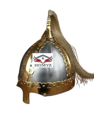 HOMYZ Mittelalterlicher Kampf-Wikingerhelm, Gjermundbu Kampfhelm, Messing-Stil, mit Feder, antiker tragbarer Helm, Ritter, 18 GA, SCA LARP, Nachstellung der Rüstung von HOMYZ