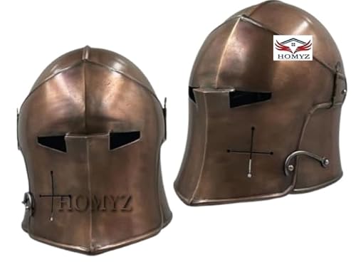 HOMYZ Mittelalterlicher Ritter Kupfer Antik Barbute Helm mit funktionalem Gesichtsvisier Tragbarer Stahl Barbuta Helm für Halloween von HOMYZ