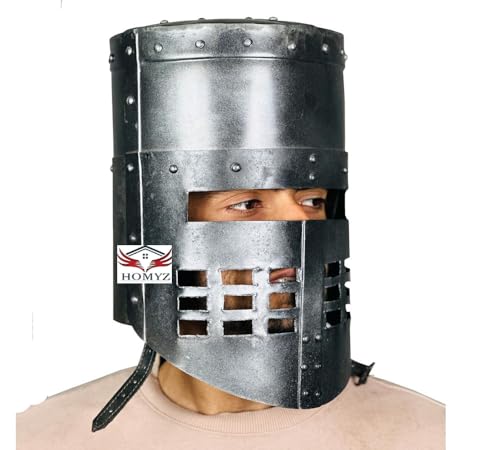 HOMYZ Mittelalterlicher Ritterhelm, tragbar, SCA LARP Rüstung Tempelhelm Silber Stahl Rüstung Reenactment Fantasy Rollenspiel Helm von HOMYZ