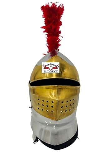 HOMYZ Mittelalterlicher Ritterhelm – Europäischer geschlossener Helm aus Messing und Silber-Finish, Cosplay-Rüstung, SCA-Rüstung, Larp-Helm, rote Feder von HOMYZ