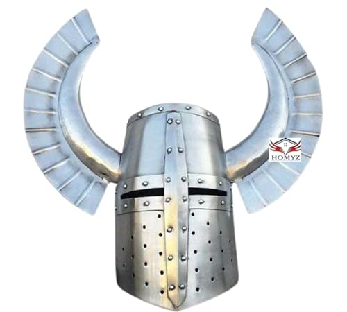 HOMYZ Mittelalterlicher Ritterhelm mit Teutonischem Wappen, Flügelhelm – Kriegerhelm, Kampfritter, Tempelhelm, 18 Gauge, Stahl, Silberfarben von HOMYZ