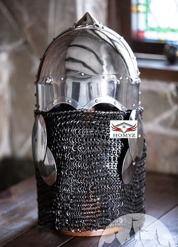 HOMYZ Mittelalterlicher Wikingerhelm, Nasen-Helm, Halloween-Visier, SCA LARP, Ritter, Wikinger, Kettenhemd, Silber-Finish von HOMYZ