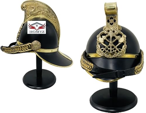 HOMYZ Mittelalterlicher britischer Feuerwehrmann-Helm, Militär, Messing-Design, Offiziershelm, mit Holzständer, Schwarz und Messingfarbe, einzigartiges Geschenk von HOMYZ