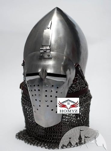 HOMYZ Mittelalterlicher deutscher Bascinet-Helm, Silber, Kettenhemd, Stahl, Wikingerhelm, Rüstung, geschütztes Kostüm von HOMYZ