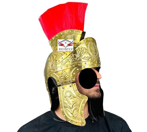 HOMYZ Mittelalterlicher römischer Gravurhelm, römisches Stahl-Design, gravierter Helm, Radierung, rote Feder, für Cosplay und Rollenspiele, Helm Funktionalität und historisch von HOMYZ