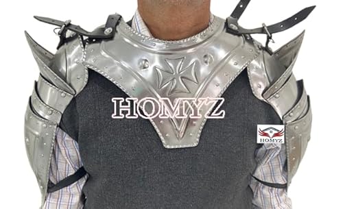 HOMYZ Mittelalterliches Tempelritter Gorget & Pouldrons Set Silber Politur Rüstung ist voll tragbar Halloween Kostüm von HOMYZ