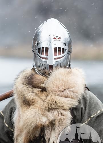 HOMYZ Wikingerhelm Historischer Wolf Rüstung Schützender Stahlhelm Wikinger Deko Seax "Olegg der Söldner Silberhelm SCA LARP Halloween-Kostüm von HOMYZ