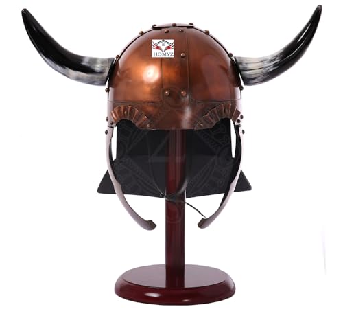 Mittelalterlicher Wikingerhelm mit Hörnern, Krieger, Kampfspiel, Cosplay, Antiker Kupferhelm, tragbar, LARP, Cosplay, Halloween, mit Holzständer von HOMYZ