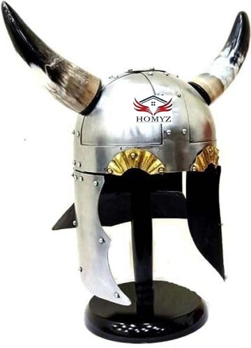 Silber Viking Horn Helm Schlacht Spielen Cosplay Tragbare LARP Helm Mit Holz Stand Mittelalter Fantasy Krieger Für Halloween von HOMYZ