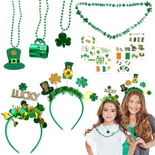 Irisches St. Patrick's Day Zubehör St. Patrick's Day Party Dekorationen, Irland St. Patricks Day Stirnband Halsketten Tattoos Grünes Kleeblatt Outfits Kostüm Zubehör Foto Requisiten für Mädchen Kinder von HONGCI