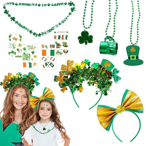 Irisches St. Patrick's Day Zubehör St. Patrick's Day Party Dekorationen, Irland St. Patricks Day Stirnband Halsketten Tattoos Grünes Kleeblatt Outfits Kostüm Zubehör Foto Requisiten für Mädchen Kinder von HONGCI