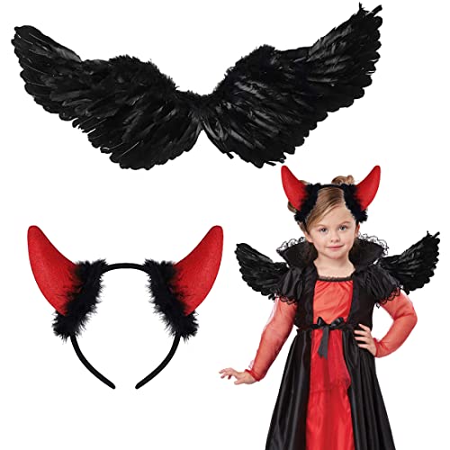 HONGECB Engelsflügel Erwachsene, 2 Stück Schwarz Engel Kostüm Damen Set, 60CM Teufel flügel, Engel Kostüm Damen, Engel Stirnband,Engelflügel für Halloween Karneval Party Cosplay von HONGECB