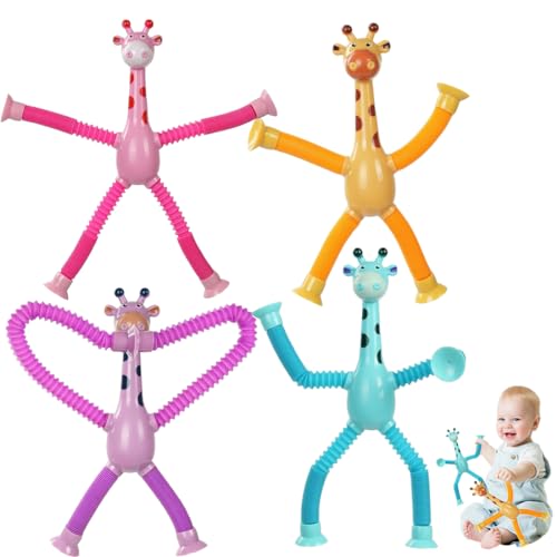 Teleskop-Saugnapf-Giraffe-Spielzeug, Giraffe Pop Röhren Sensorik Spielzeug, Telescopic Suction Cup Giraffe Toy, Lustiges Pädagogisches Stressabbau-Spielzeug für Kinder und Erwachsene, 4 Stück von HONGECB